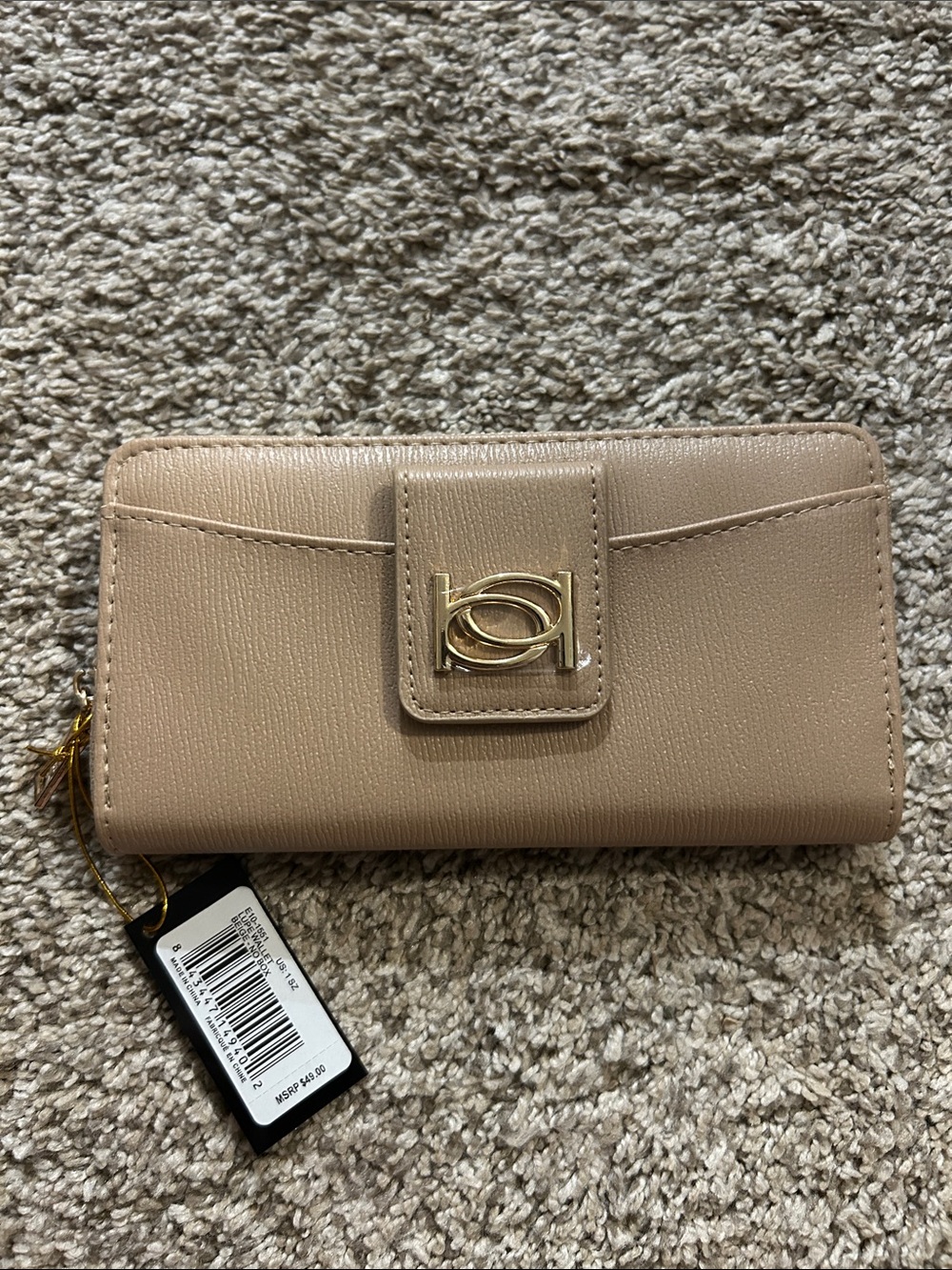 bebe Beige Zip-Around Wallet with Gold Logo Accent